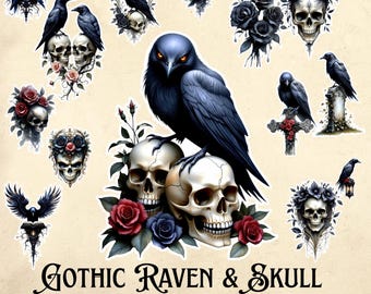 Gothic Raven & Skull Cutouts: Halloween Scrapbook Stickers (Digital Download)