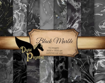 May include: Digital paper pack featuring 16 black marble textures. Each image is 3600 x 3600 pixels and is suitable for commercial use. The pack is called "Black Marble" and is from Digital Pegasus.