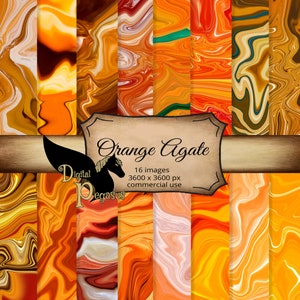 May include: A collection of 16 digital images with an orange agate design. The images feature swirling patterns in shades of orange, yellow, and white. The text "Orange Agate" and "Digital Pegasus" are also visible.