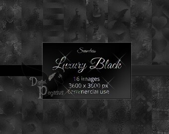 May include: A digital download of 16 seamless black and white patterns. The patterns are intricate and feature various designs, including floral, geometric, and abstract motifs. The text "Seamless Luxury Black 16 images 3600 x 3600 px commercial use" is displayed on a black background.