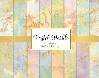 Puede incluir: Un paquete de papel digital con 16 patrones de mármol pastel. Cada patrón presenta un fondo suave, similar a la acuarela, con acentos de purpurina dorada. Los patrones son de 3600 x 3600 píxeles.