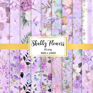 Carta per scrapbooking floreale acquerello shabby chic viola / Confezione di carta digitale / 20 sfondi PNG per artigianato e confezionamento / Pagine di diario spazzatura