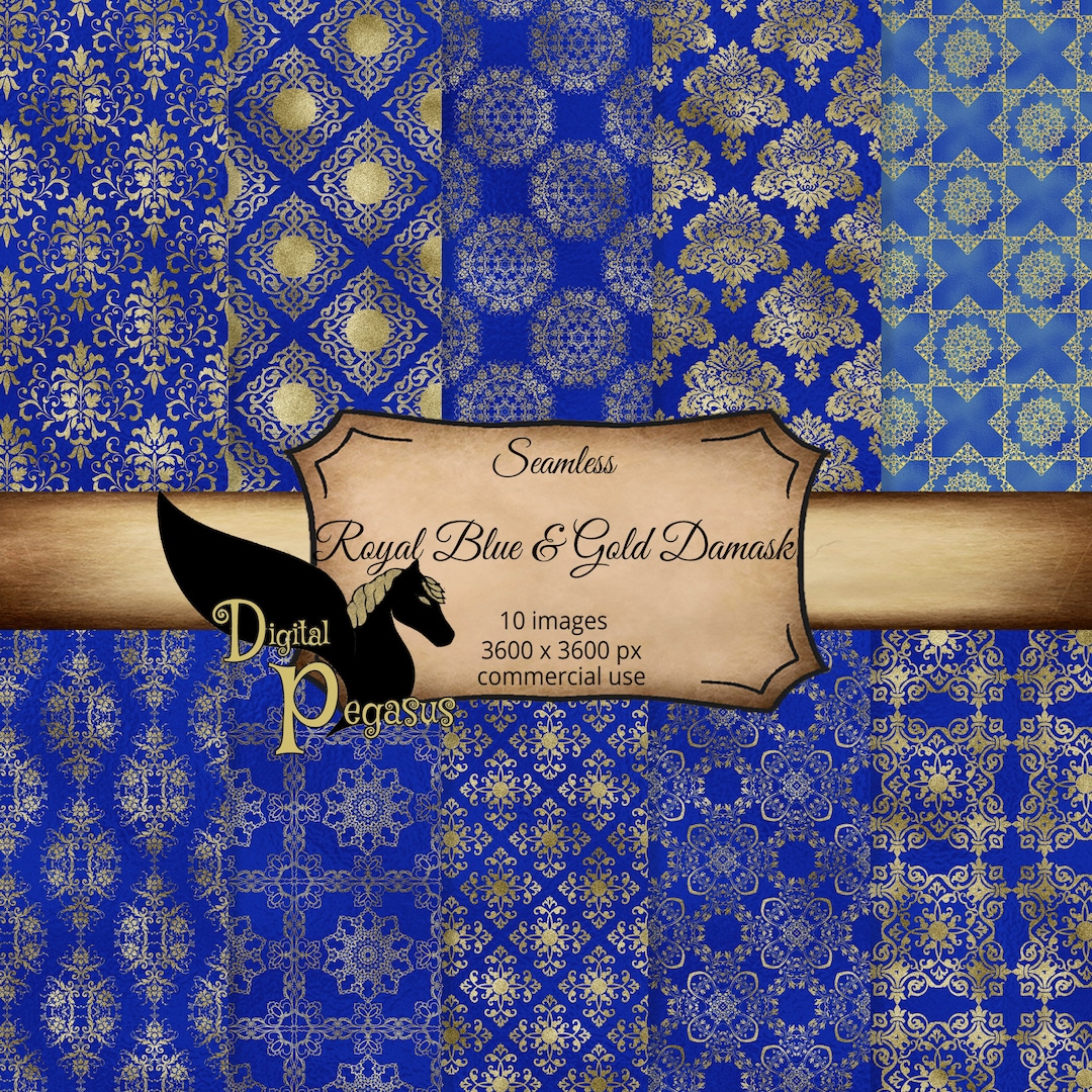 Seamless Royal Blue and Gold Damask Scrapbook Paper Digital Etsy UK
