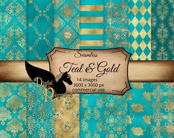 Teal & Gold Scrapbook Paper: Seamless Valentine Patterns (Digital Download)