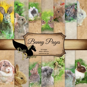 Bunny Pages Digital Paper | Vintage Printable Backgrounds | Watercolor Scrapbooking | Diary Journal Pages | Commercial Use