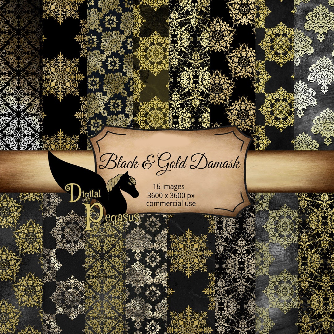 Black and Gold Scrapbook Paper Damask Digital Paper Printable Paper ...