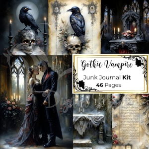 Op de afbeelding: Een gothic vampire-thema junk journal kit met 46 pagina's. De kit bevat afbeeldingen van een stel in een gotische kathedraal, een raaf die op een schedel zit en een altaar met kaarsen.