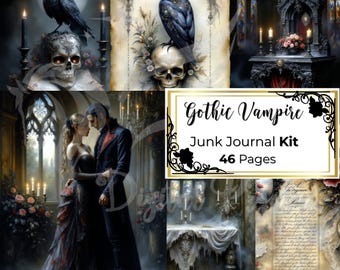 May include: A gothic vampire themed junk journal kit with 46 pages. The kit features images of a couple in a gothic cathedral, a raven perched on a skull, and a candlelit altar.