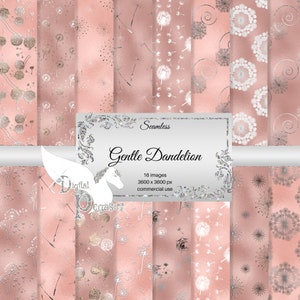 Gentle Dandelion | Rose Gold & Silver Scrapbook Paper | Valentine Digitaal Papier | Naadloze patronen | Afdrukbare papieren | Commercieel gebruik