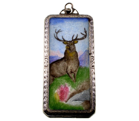 Antique Edwardian Enamel Elk Silver Locket Pendan… - image 1