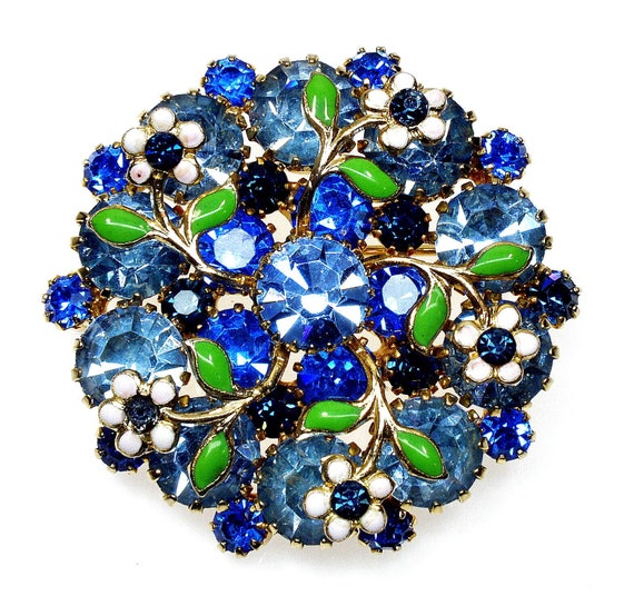 Vtg 50's Weiss Enamel Flowers Royal Blue RS Brooch - image 2