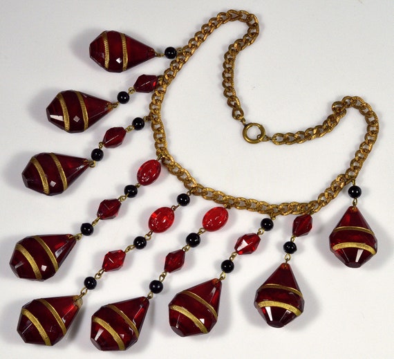 Art Deco Ruby Glass Cascade Necklace Signed Czech… - image 6