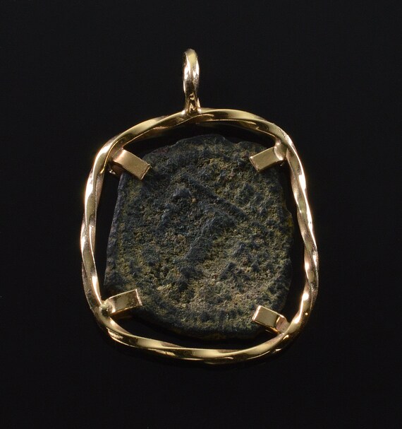 Ancient Bronze Mite Coin 14K Gold Pendant - image 3