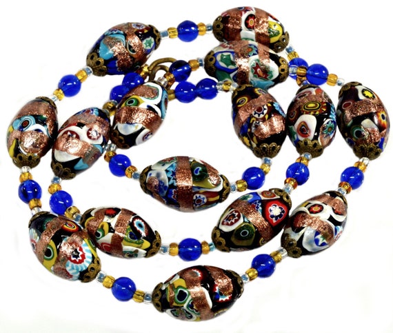 Vintage Italian Millefiori Glass Bead Necklace 25.5 Hand Knotted, Cobalt  Blue w/ White Flowers