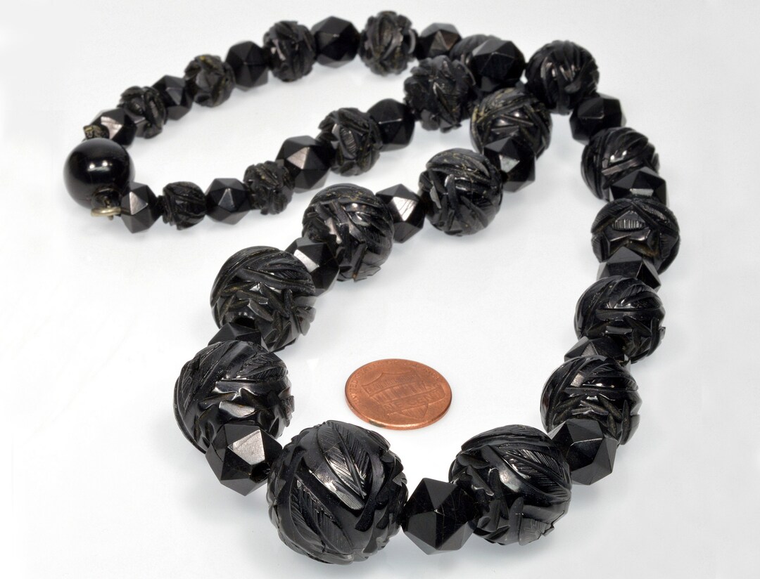 Antique Victorian Carved Whitby Jet Bead Necklace C.1860 Etsy