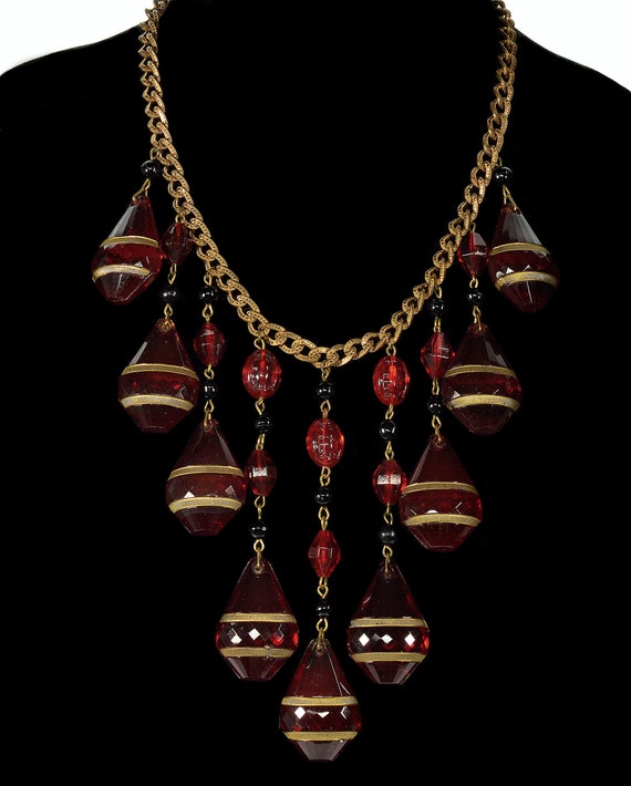 Art Deco Ruby Glass Cascade Necklace Signed Czech… - image 4