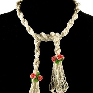 Vtg Milk Glass Tassel Celluloid Flowers Lariat Necklace Bracelet C.1930