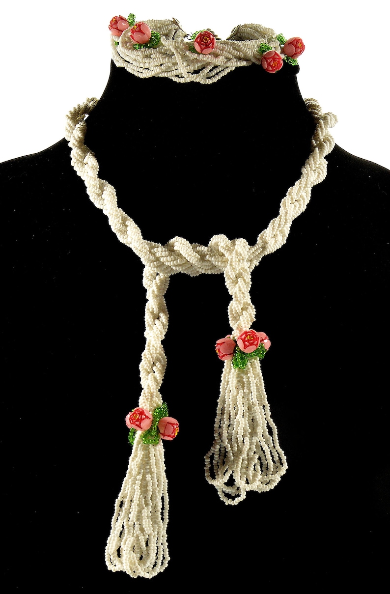 Vtg Milk Glass Tassel Celluloid Flowers Lariat Necklace Bracelet C.1930