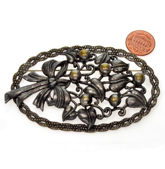 Antique Victorian Large Bouquet Bow Brass Sash Pin Brooch