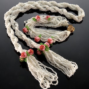 Vtg Milk Glass Tassel Celluloid Flowers Lariat Necklace Bracelet C.1930