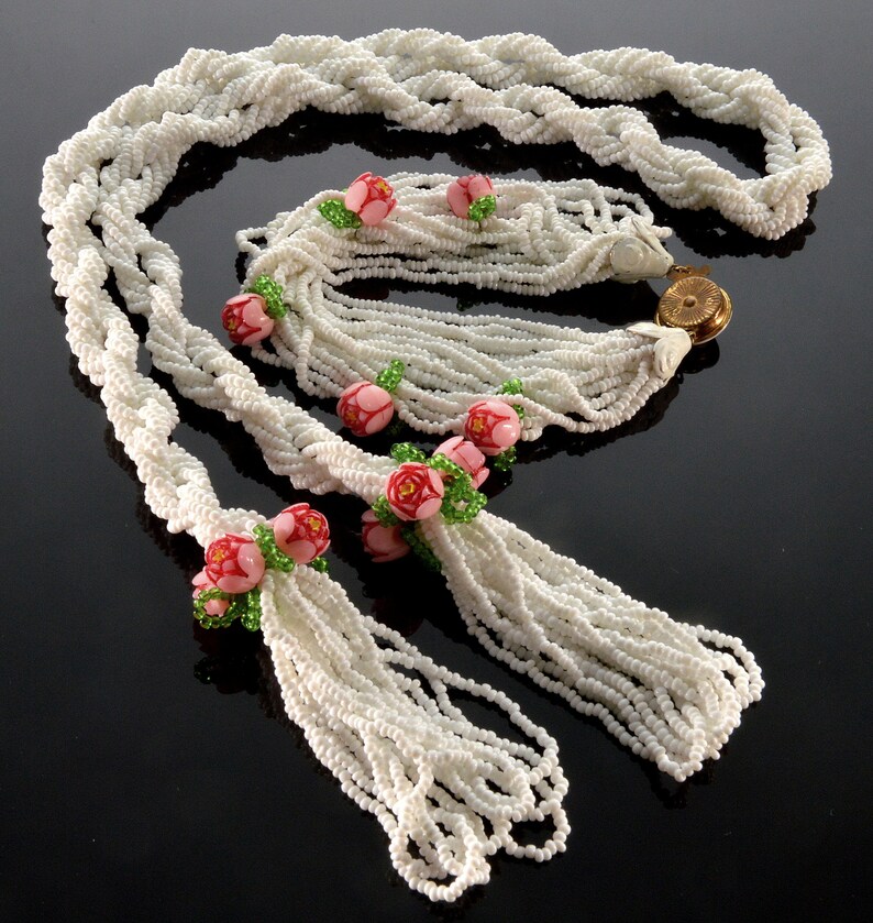 Vtg Milk Glass Tassel Celluloid Flowers Lariat Necklace Bracelet C.1930
