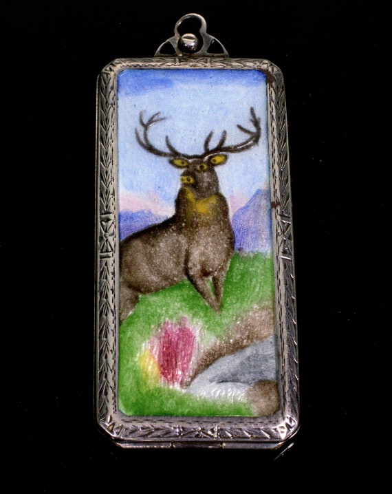 Antique Edwardian Enamel Elk Silver Locket Pendan… - image 2