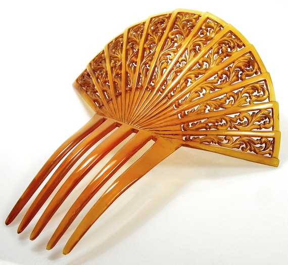 Vintage Faux Tortoise Shell Carved Filigree Hair Comb Celluloid Mantilla Vintage Spanish Peineta Mantilla Hair Comb – Faux  main image 4