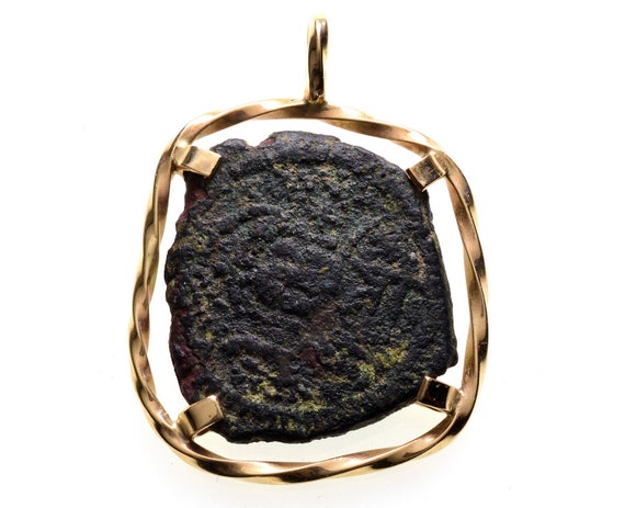 Ancient Bronze Mite Coin 14K Gold Pendant - image 1