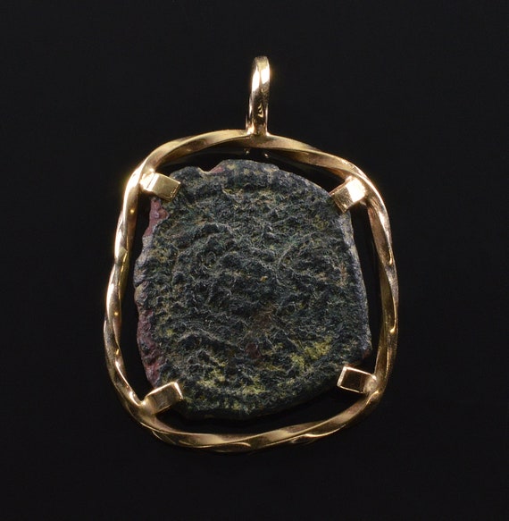 Ancient Bronze Mite Coin 14K Gold Pendant - image 2