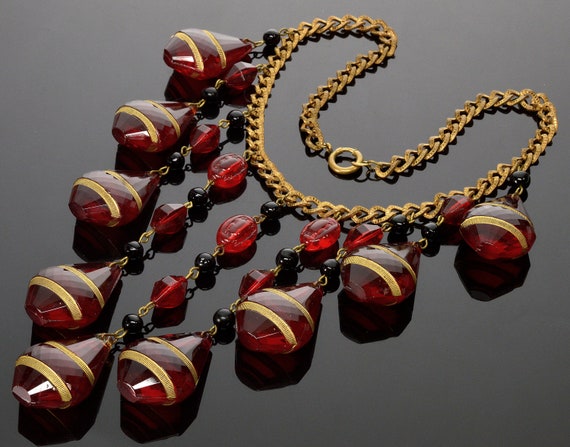 Art Deco Ruby Glass Cascade Necklace Signed Czech… - image 3