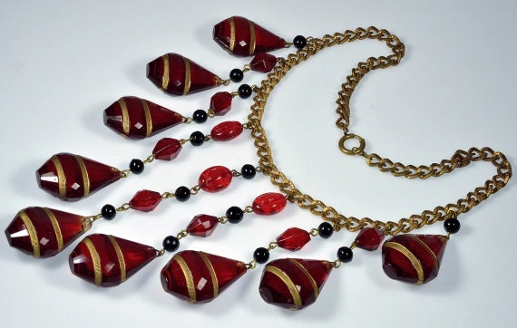 Art Deco Ruby Glass Cascade Necklace Signed Czech… - image 5