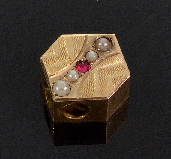 Antique Victorian 14K Gold Ruby Pearl Slide Charm… - image 1
