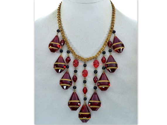 Art Deco Ruby Glass Cascade Necklace Signed Czech… - image 1