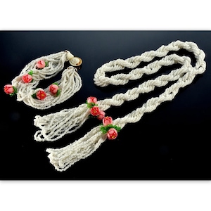 Vtg Milk Glass Tassel Celluloid Flowers Lariat Necklace Bracelet C.1930