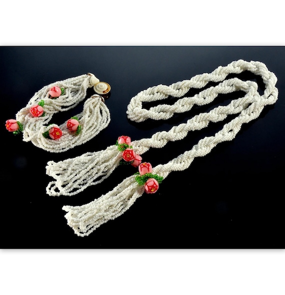 Vtg Milk Glass Tassel Celluloid Flowers Lariat Necklace Bracelet C.1930