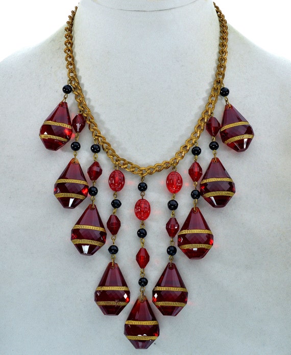 Art Deco Ruby Glass Cascade Necklace Signed Czech… - image 2