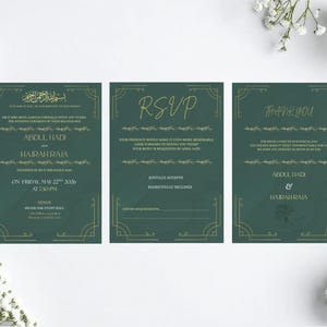 May include: Three-piece wedding invitation suite in emerald green with gold accents. The set includes an invitation, RSVP card, and thank you card. Each card features decorative borders and floral elements. The text includes the names Abdul Hadi and Hairah Raja.