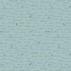 May include: A seamless pattern featuring handwritten place names in a script font, with small floral and bird illustrations. The background is a muted teal color, creating a vintage aesthetic.