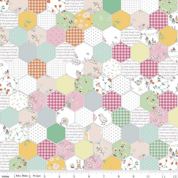 Hidden Cottage Hexagon-PINK by Minki Kim for Riley Blake, 1/2 yard increments, cut continuous
