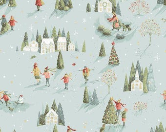 May include: A light blue fabric with a winter scene illustration. The design features people ice skating, walking dogs, and decorating a Christmas tree. Snow-covered houses and evergreen trees are also depicted. The fabric is marked with inches.