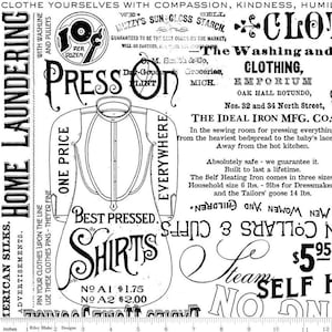 May include: Black and white vintage advertisement for a laundry service and a shirt pressing service. The ad features a drawing of a shirt, the text "Press On", and the text "Best Pressed Shirts".