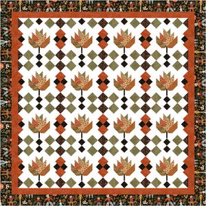 May include: A patchwork quilt with a repeating pattern of stylized autumn leaves in shades of orange, brown, and tan. The leaves are set against a white background with a diamond pattern in black, green, and orange. The quilt has a decorative border.