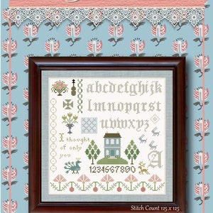 May include: Cross stitch pattern titled "Jane" with a house, trees, birds, and the alphabet. The pattern is 125 stitches by 125 stitches.