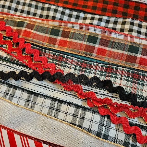 Christmas Ribbon bundle- Includes 10 wire ribbons in plaid, gingham and stripes, and includes large and small rick rack