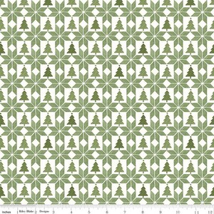 May include: A repeating pattern of green Christmas trees and star-like shapes on a white background. The fabric design features a festive, watercolor-style aesthetic, perfect for holiday-themed crafts and decor. The text "Inches" and "Riley Blake Designs" is visible.