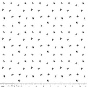 May include: White fabric with a repeating pattern of black spools of thread. The fabric is 12 inches wide.