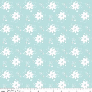 May include: A repeating pattern of white floral designs on a light blue background. The flowers have multiple petals and are accompanied by smaller, simpler flower shapes. The design is evenly spaced across the fabric.