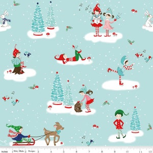 May include: A blue and white fabric with a repeating pattern of elves, reindeer, birds, and Christmas trees. The elves are wearing red and white clothing and are engaged in various activities, such as singing, ice skating, and sledding. The fabric is perfect for crafting projects, such as quilts, pillows, and bags.