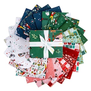 May include: A collection of Christmas-themed fabric squares in various colors and patterns. The fabrics include designs with holiday figures, ornaments, and winter scenes. A green fabric bundle is tied with a white ribbon, and the text "Blake Designs" is visible.