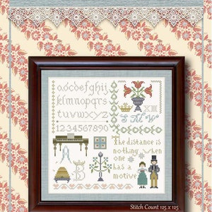 May include: Cross stitch pattern featuring a piano, flowers, and a couple with the text "The distance is nothing when one has a motive". The pattern is framed in a dark wood frame and has a stitch count of 125 x 125.